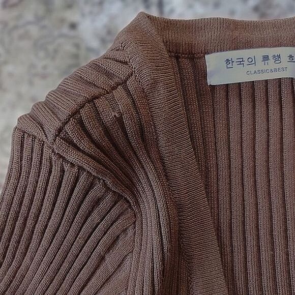 Pecan brown fitted rib knit v-neck long sleeve cardigan XXS - Picture 5 of 14